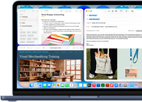 MacBook Neo, indigo color, screen shows composing a welcome email to new employee of bookstore, other tiled windows contain Notes doc about onboarding and bookstore's employee portal website in Safari