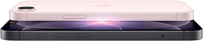 iPhone 17e, horizontal side and back exterior, soft pink color, iPhone 17e, horizontal side and front exterior, black color